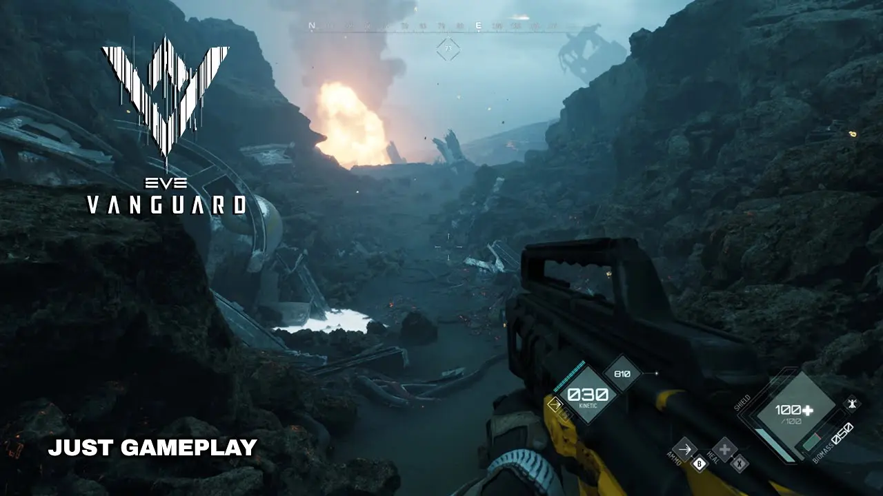 In-game view from EVE Vanguard showing a character holding a weapon in a rocky environment.
