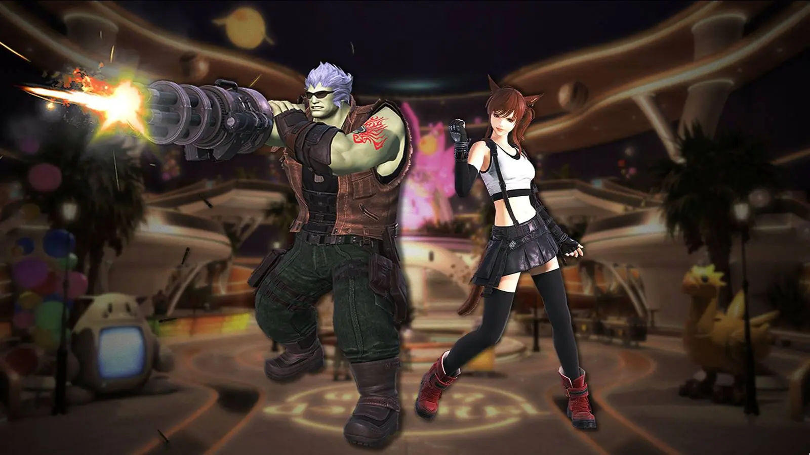 Barret Wallace with a gatling gun and Tifa Lockhart standing in a futuristic city plaza.
