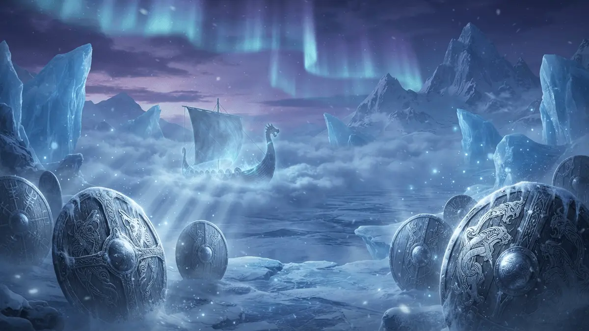 Epic frozen fantasy realm with Norse shields and mystical ship for Final Fantasy XIV Evercold expansion