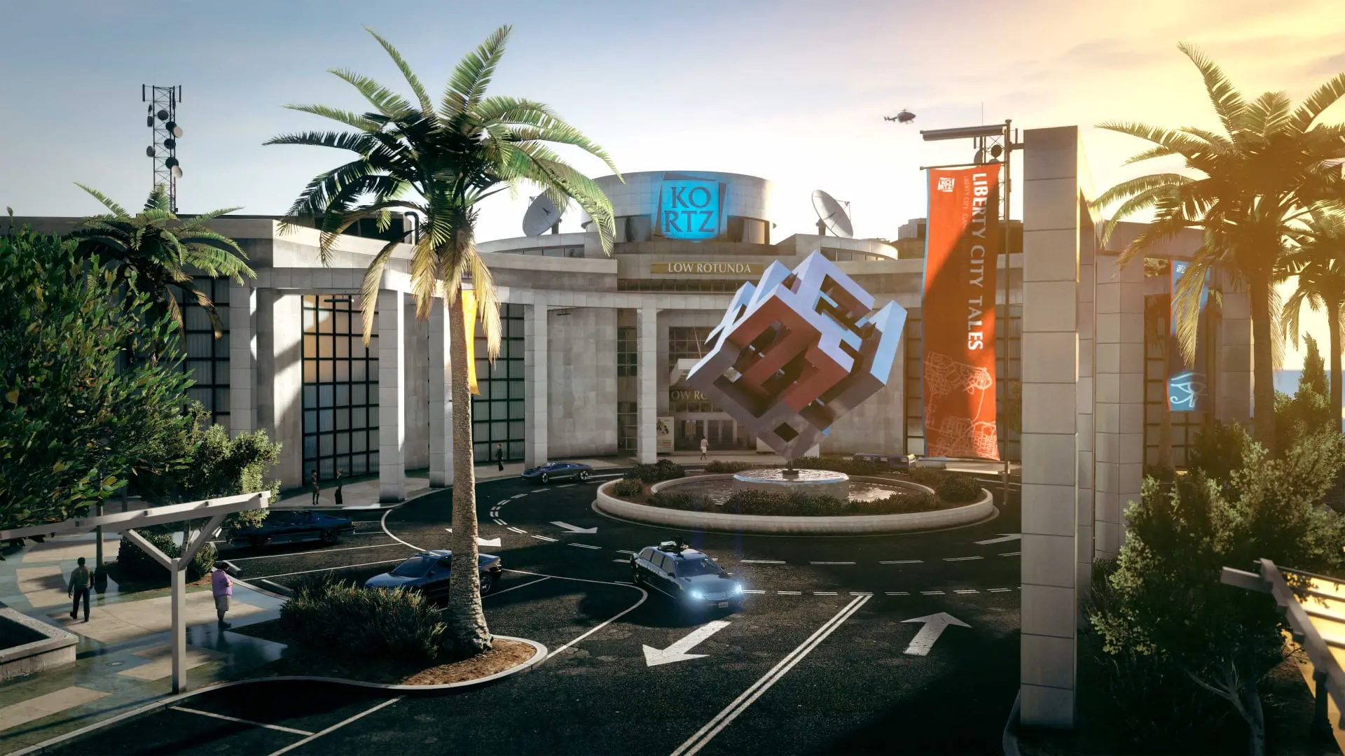Exterior view of the Kortz Center in GTA 5 with palm trees and modern architecture.