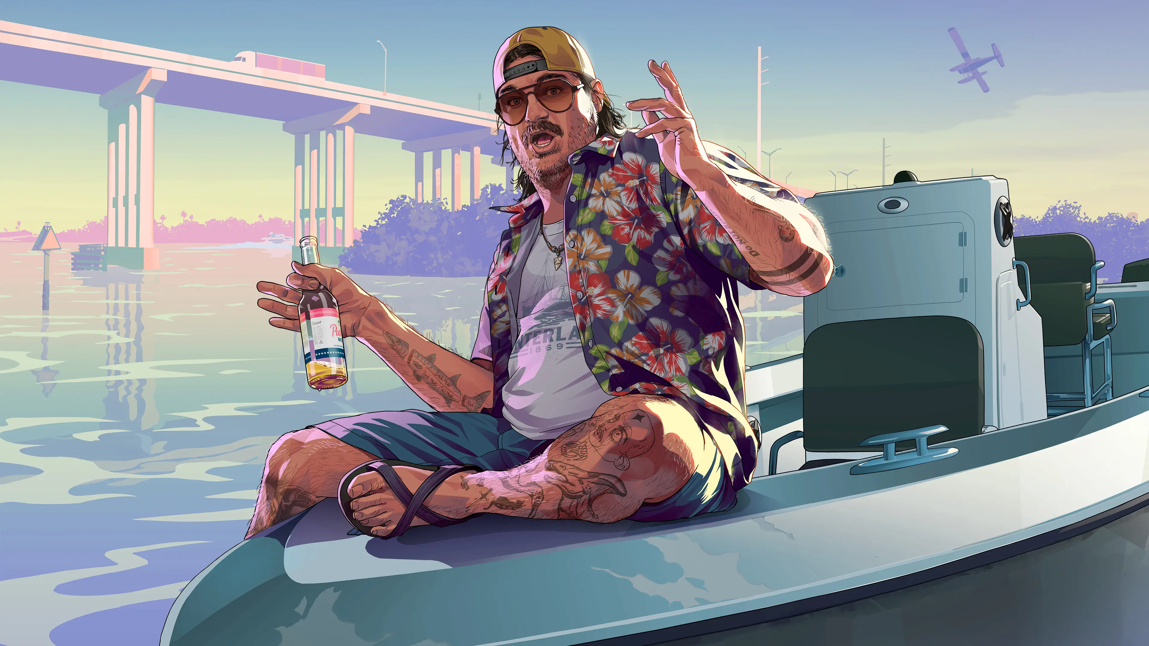 A man in a floral shirt holding a drink on a boat near a highway.