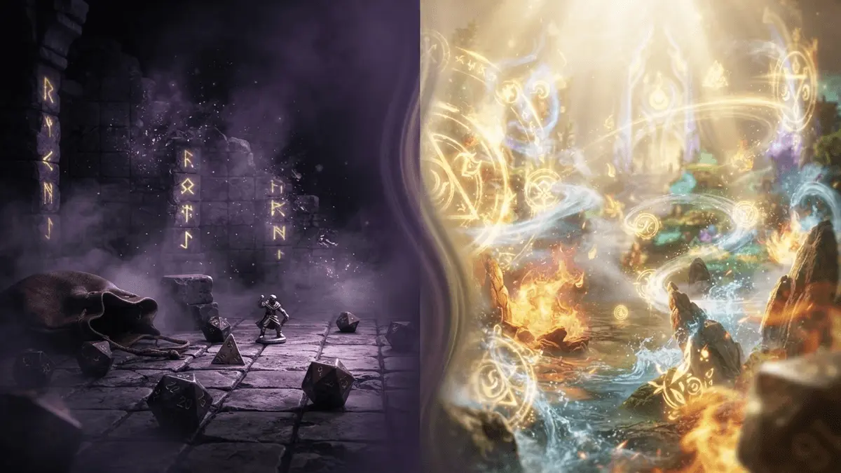 Split image showing transition from dark fantasy D&D elements to bright Divinity universe magic