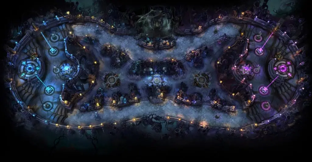 Top-down view of the League of Legends Twisted Treeline map with blue and purple bases.