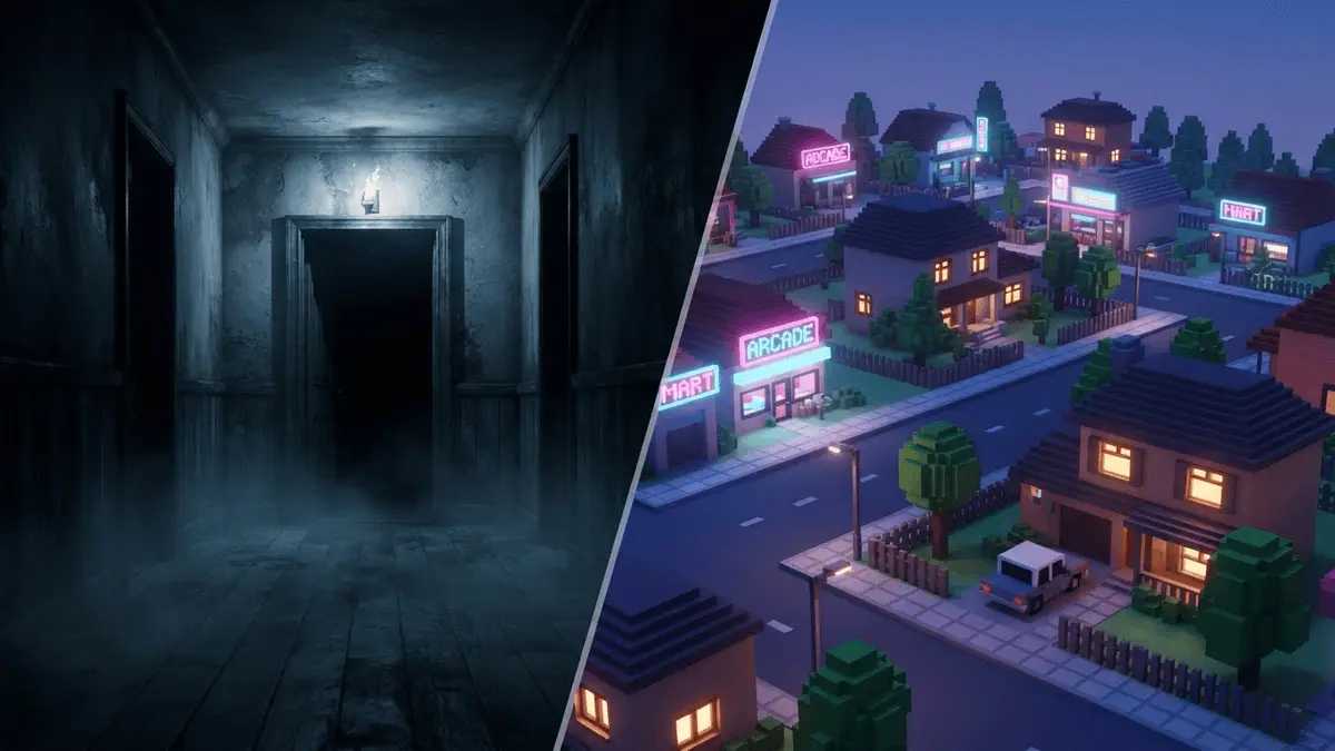 Split view of dark horror environment and colorful voxel art 80s suburban scene