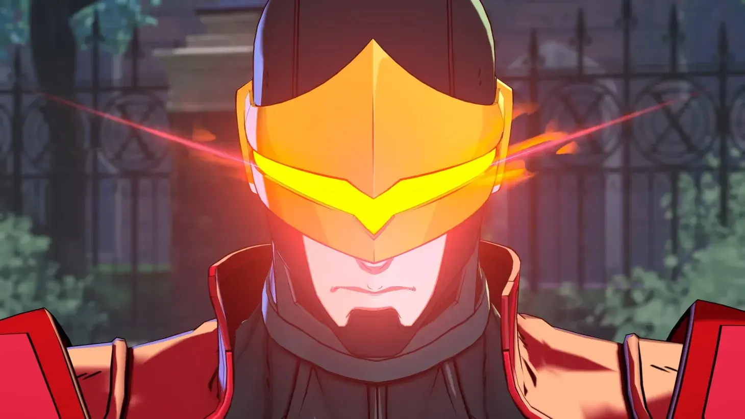 Close-up of Phoenix Cyclops from Marvel Tokon Fighting Souls with glowing yellow eyes and red armor
