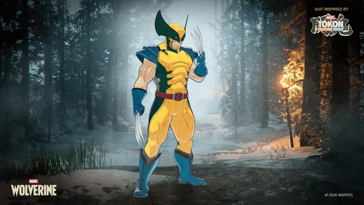 Wolverine in his yellow and blue suit with claws extended, standing in a snowy forest landscape.