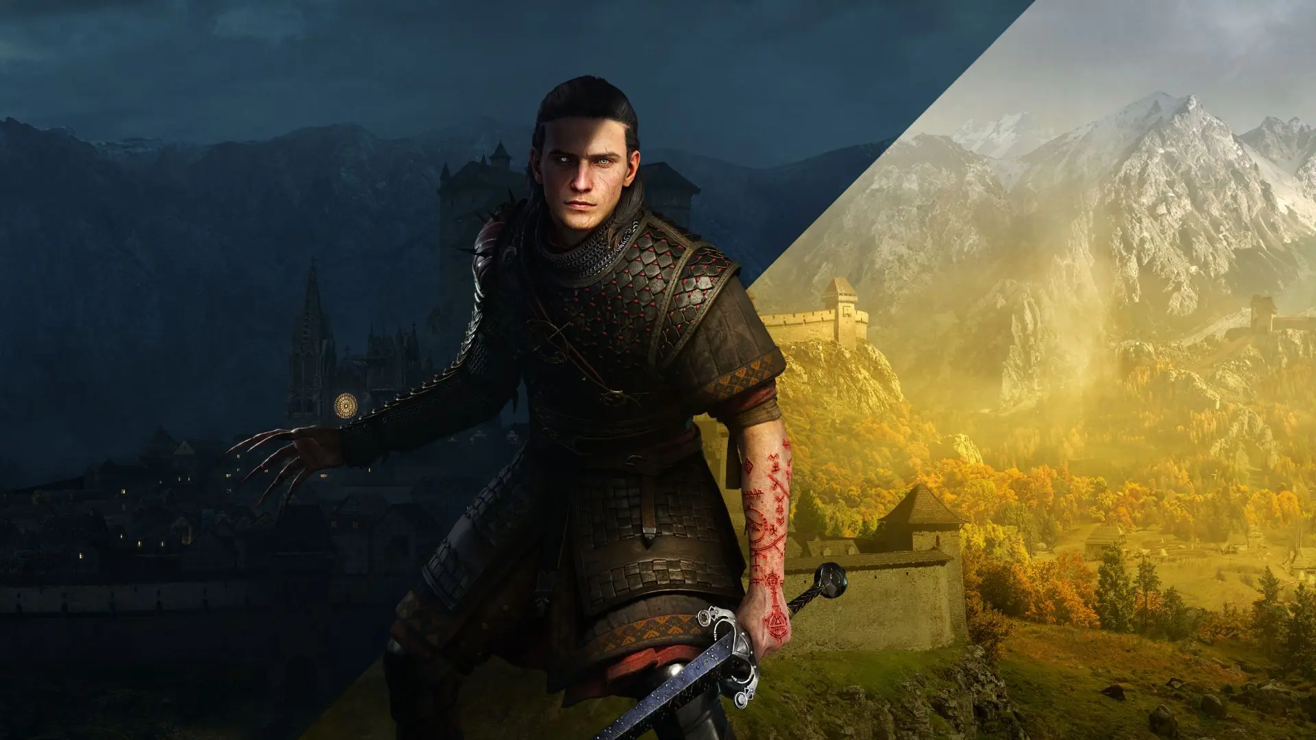 Mateusz Tomaszkiewicz as Dawnwalker in armored gear against a split dark and light mountain landscape