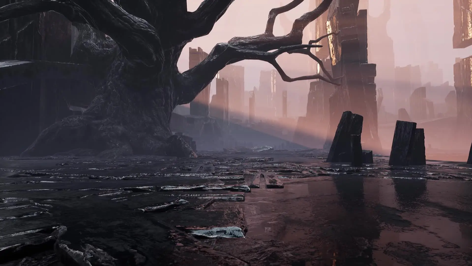 Concept art of a dark, mystical environment with a large tree and ruins in Mortal Shell II.