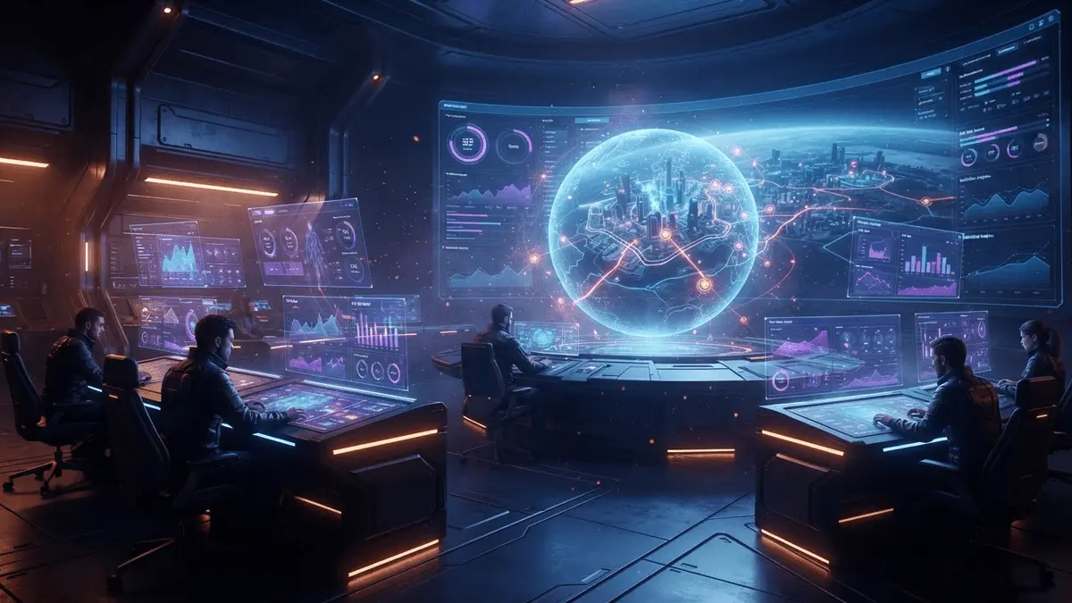 Futuristic command center with holographic data displays analyzing Marvel Rivals gameplay telemetry