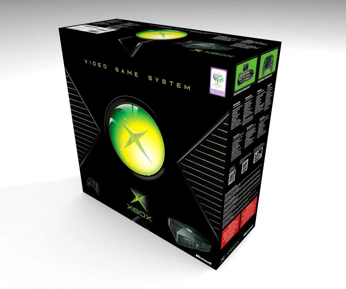 Original Microsoft Xbox console retail packaging box showing the green Xbox logo