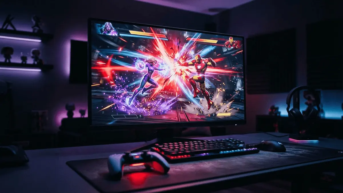 Gaming setup displaying Marvel fighting game with colorful combat effects on monitor