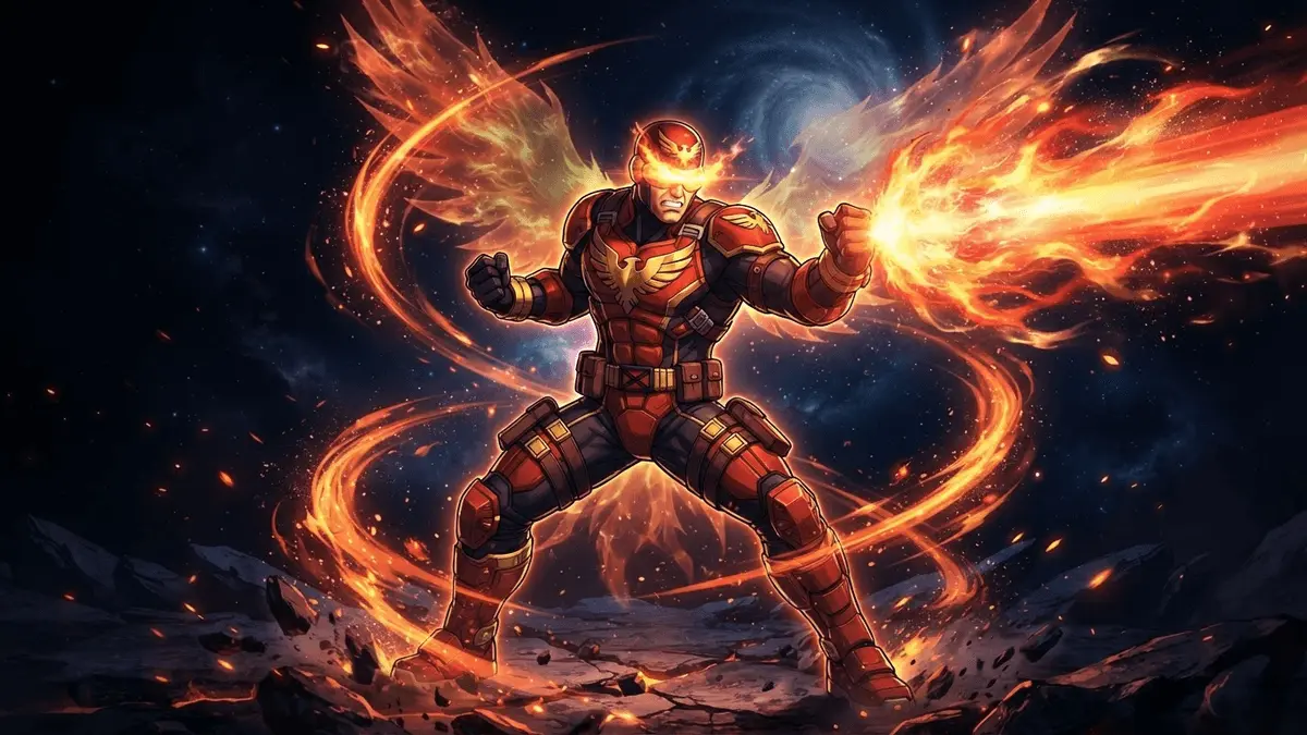 Phoenix Cyclops with glowing eyes surrounded by cosmic Phoenix Force energy in Marvel Tokon Fighting Souls
