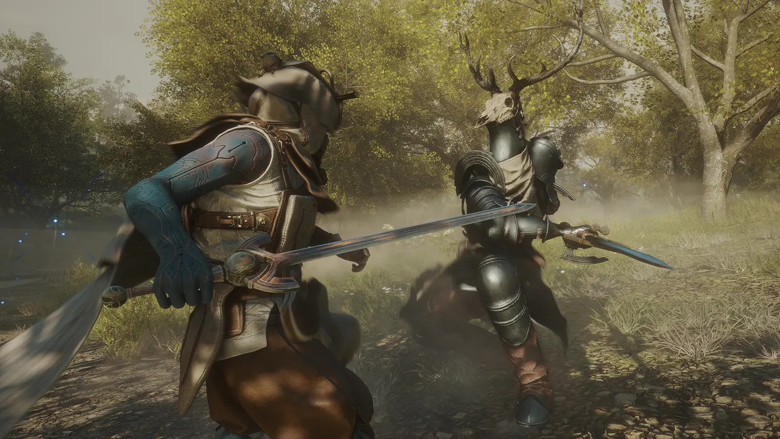 Fantasy battle scene in a lush, foggy environment featuring two characters fighting.