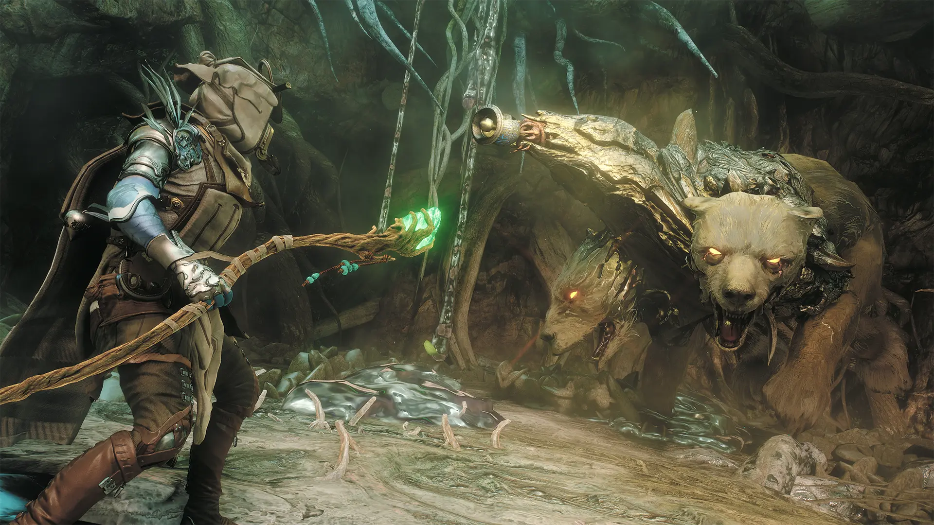 A player character wields a staff against a monstrous bear in Soulframe game.