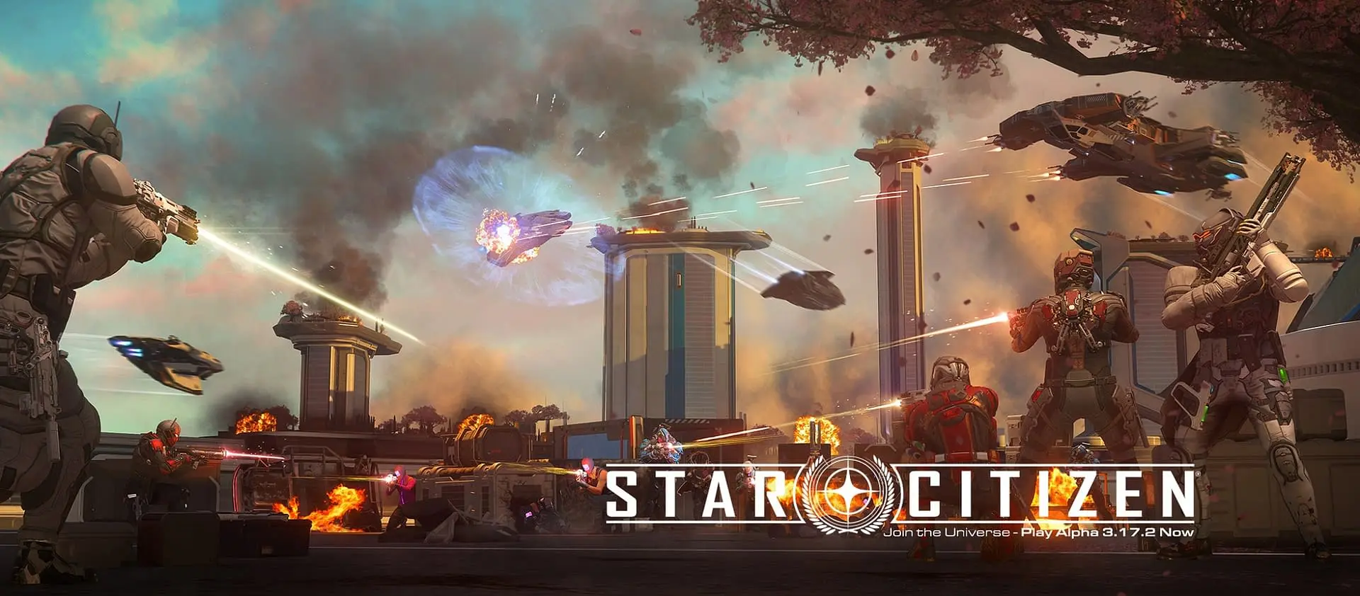 Star Citizen FPS event with players shooting and a ship in the background.