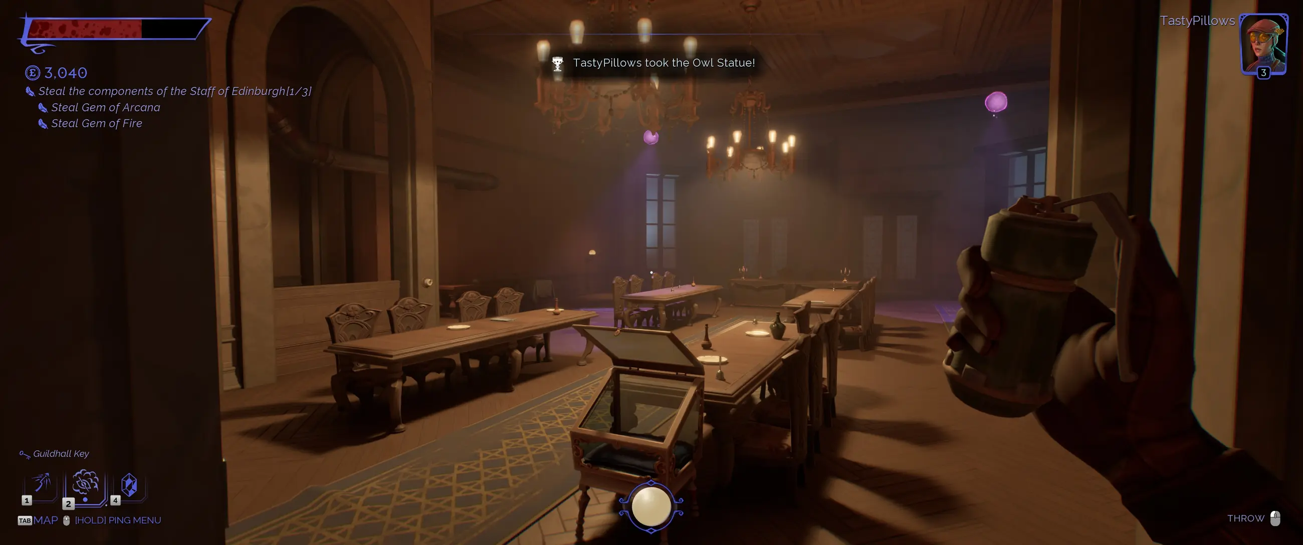Gameplay screenshot from Thick as Thieves showing a dimly lit room and characters stealing items.