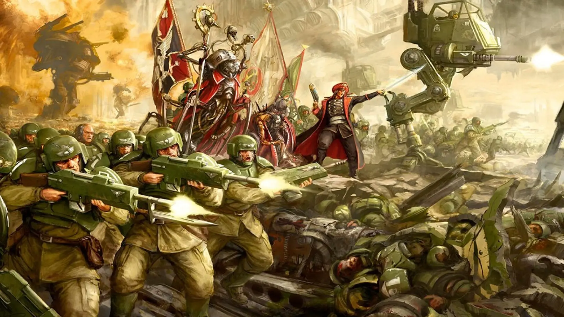 Imperial Guard soldiers engaging in battle with laser rifles and armored vehicles.