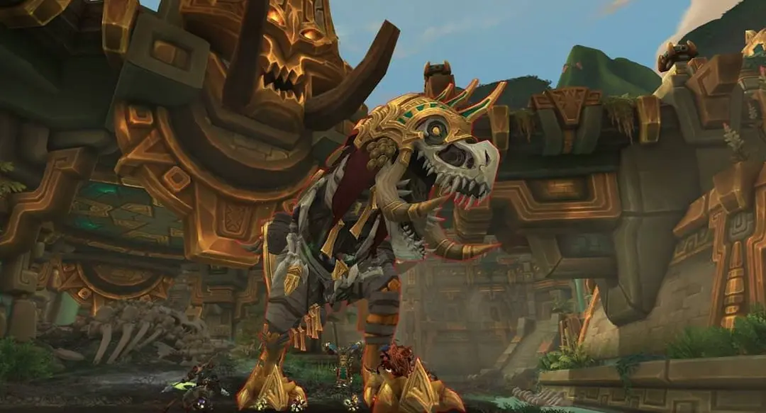 World of Warcraft gameplay showing a player fighting a massive armored dinosaur boss in an ancient ruins area