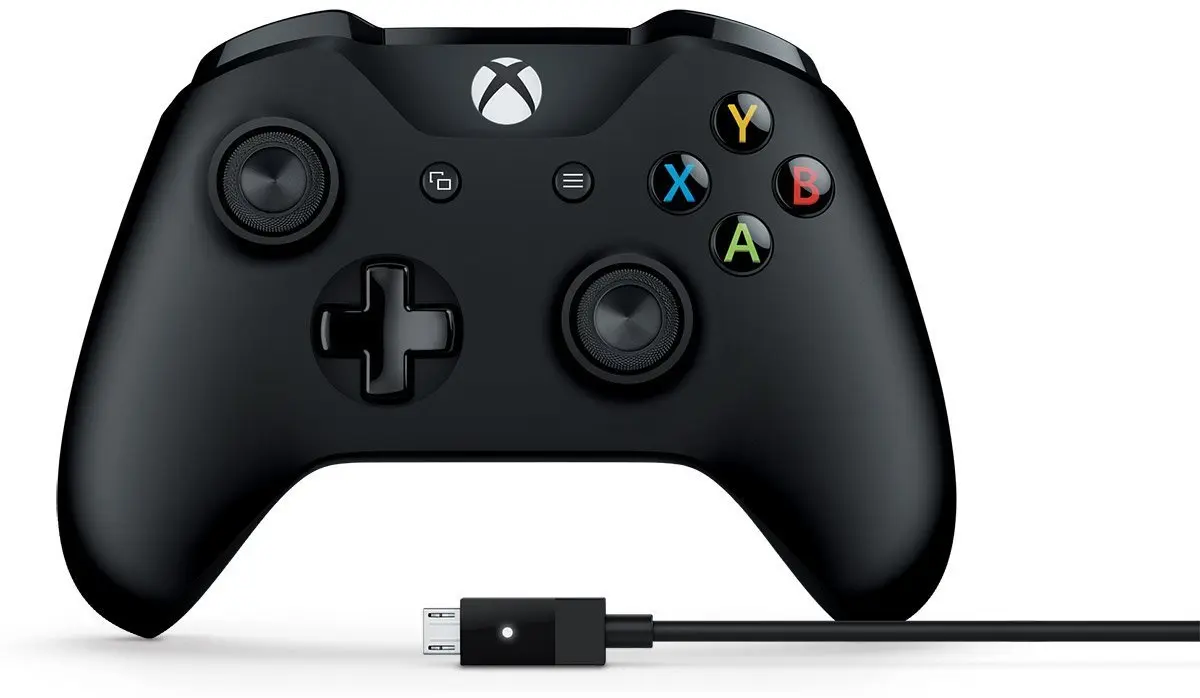 Front view of a black wired Xbox One controller against a white background