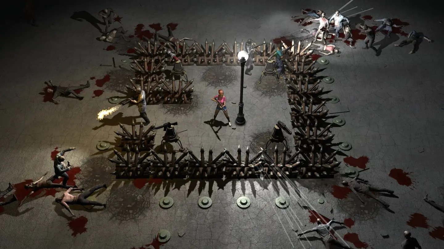 Isometric view of characters defending a spiked wooden barricade against a zombie horde in Yet Another Zombie Defense