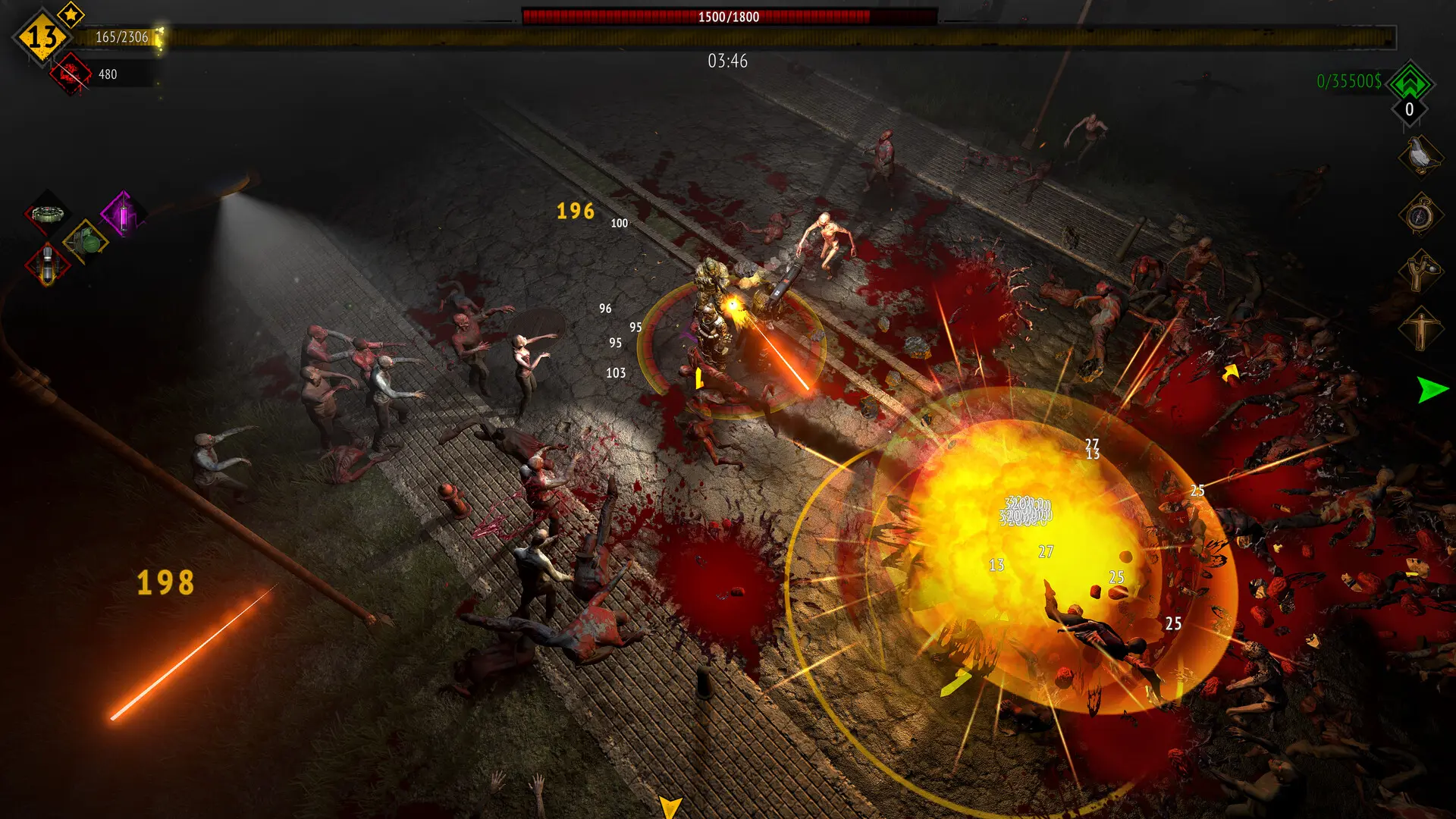 Top-down gameplay of Yet Another Zombie Survivors showing a character fighting a horde of zombies with fiery explosions